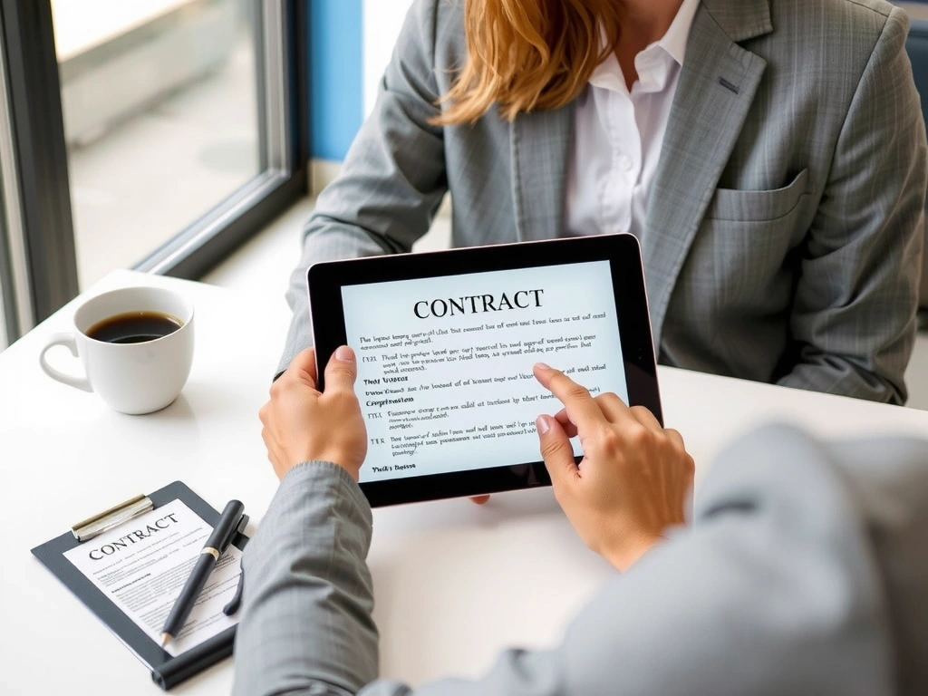 Person liest aufmerksam einen Vertrag auf einem Tablet mit einer Tasse Kaffee daneben.